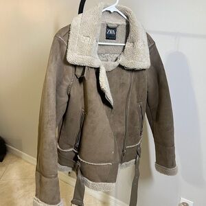 Zara Cream Teddy Jacket Plush Aviator Style